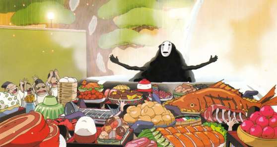 Look at all that food. Me too, No-Face, me too.
